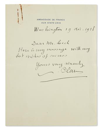CLAUDEL, PAUL. Two Autograph Letters Signed, Claudel, to Dear Mr. Leach.
